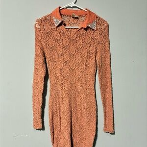 Forever 21 Coral Lace Long-Sleeve Dress with Embellished Collar